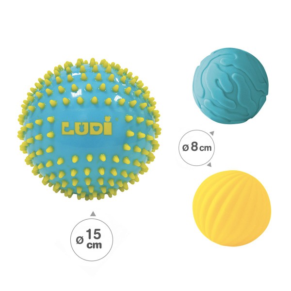 3 balles sensorielles bleues, dimensions balles