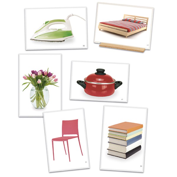 Photographies objets de la maison, 6 images d'objet de la maison, fer à repasser, lit, fleurs, casserole, chaise, livres