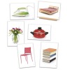 Photographies objets de la maison, 6 images d'objet de la maison, fer à repasser, lit, fleurs, casserole, chaise, livres